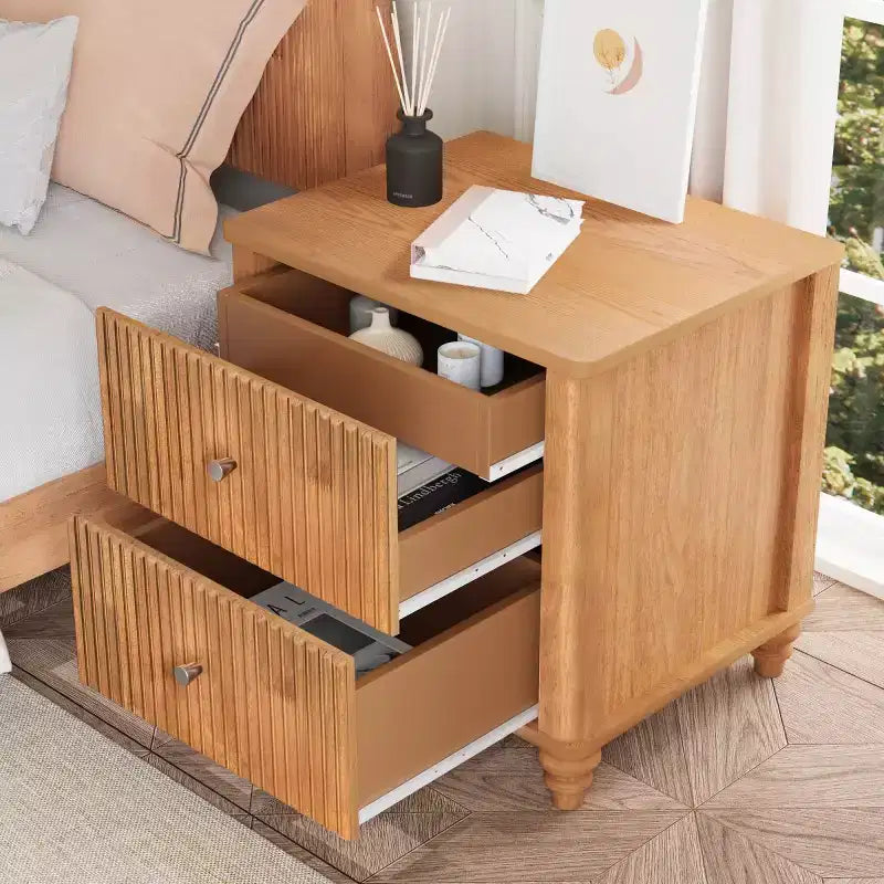 Comodini Scanalati Beige / Naturale / Noce Set da 2 con Cassetti Contenitori