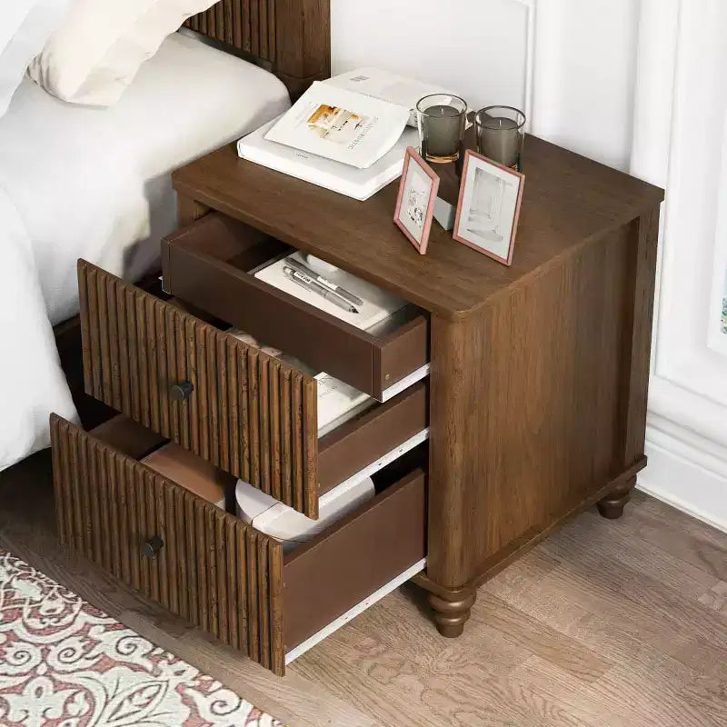 Comodini Scanalati Beige / Naturale / Noce Set da 2 con Cassetti Contenitori