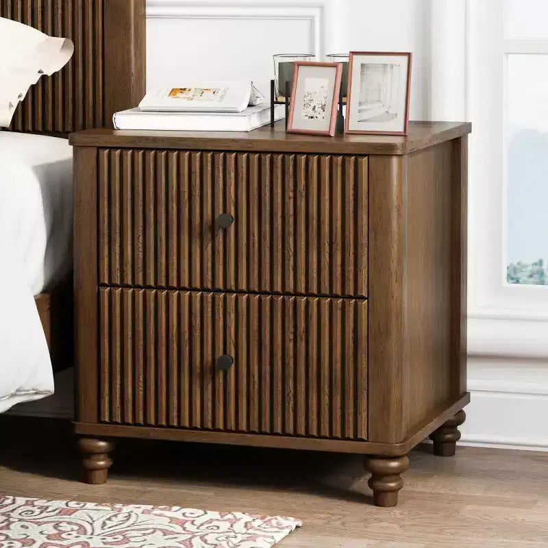 Comodini Scanalati Beige / Naturale / Noce Set da 2 con Cassetti Contenitori