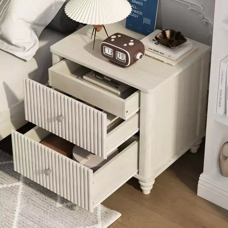 Comodini Scanalati Beige / Naturale / Noce Set da 2 con Cassetti Contenitori