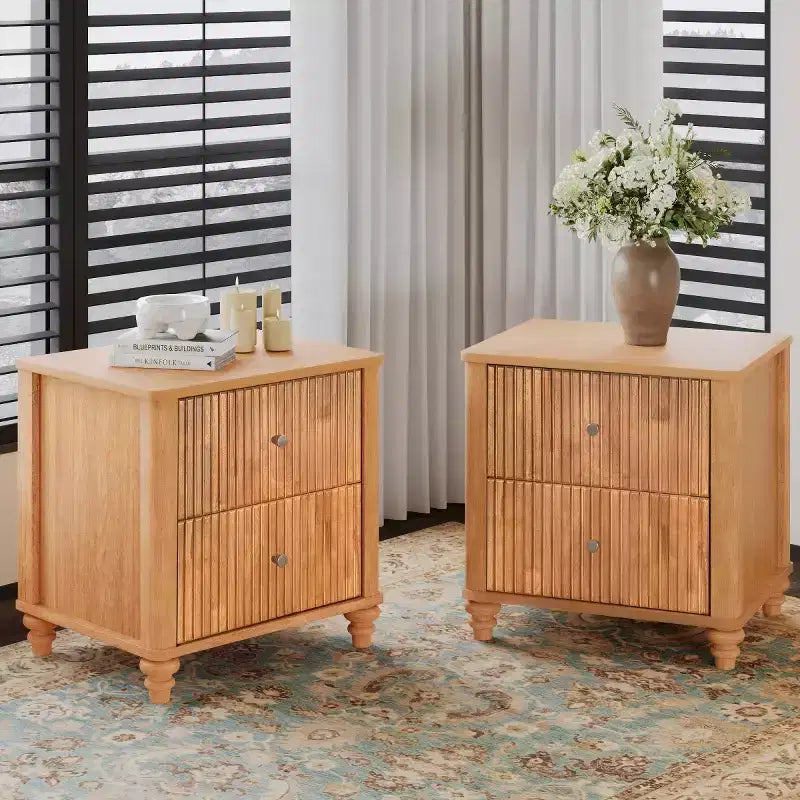 Comodini Scanalati Beige / Naturale / Noce Set da 2 con Cassetti Contenitori