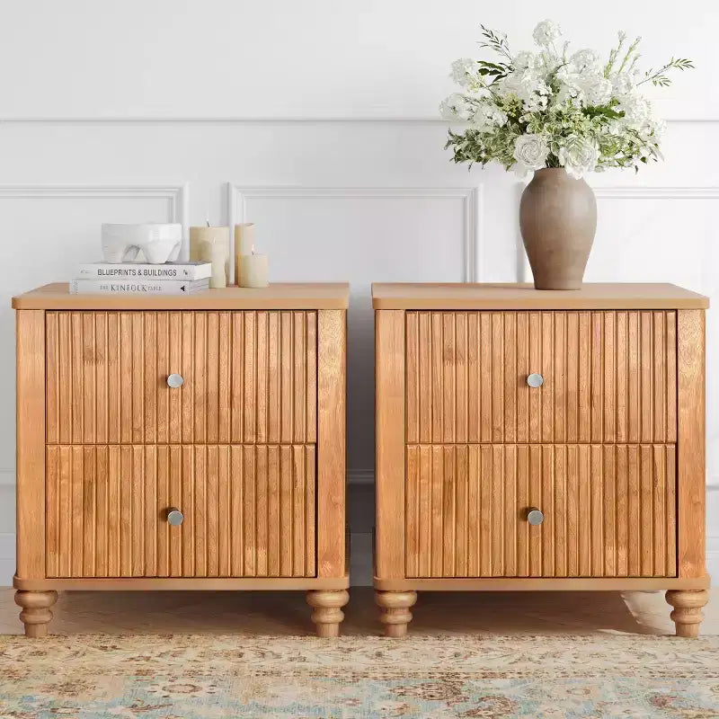 Comodini Scanalati Beige / Naturale / Noce Set da 2 con Cassetti Contenitori