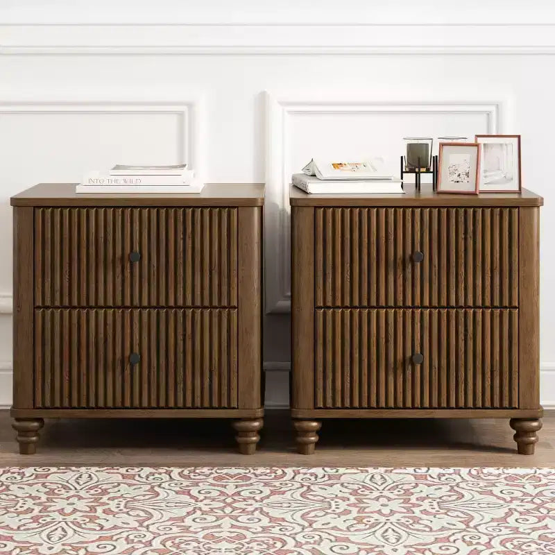 Comodini Scanalati Beige / Naturale / Noce Set da 2 con Cassetti Contenitori
