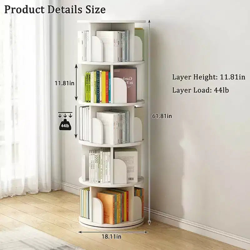 Torre Libreria Girevole a 360° a 5 Ripiani Bianco Caldo – Utente Singolo