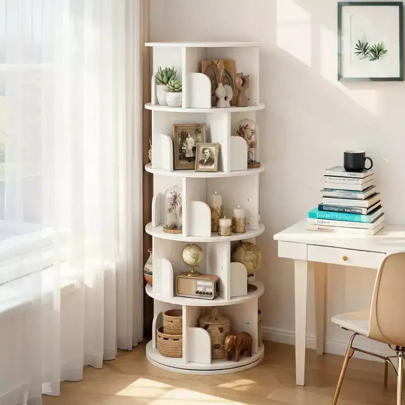 Torre Libreria Girevole a 360° a 5 Ripiani Bianco Caldo – Utente Singolo