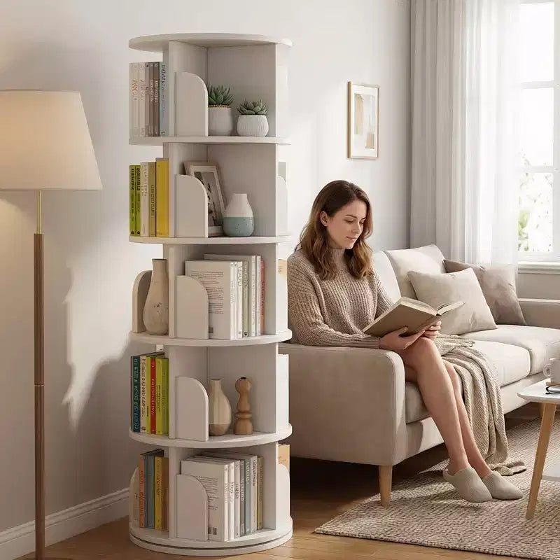 Torre Libreria Girevole a 360° a 5 Ripiani Bianco Caldo – Utente Singolo