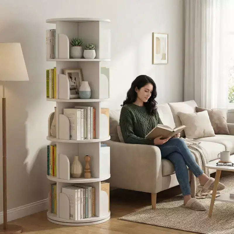 Torre Libreria Girevole a 360° a 5 Ripiani Bianco Caldo – Utente Singolo