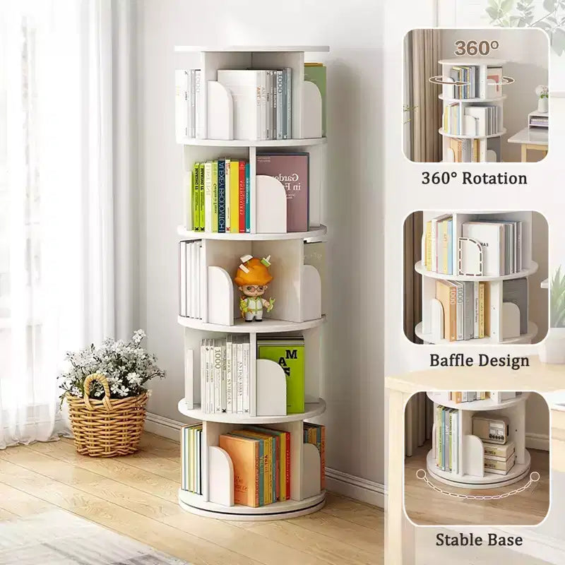 Torre Libreria Girevole a 360° a 5 Ripiani Bianco Caldo – Utente Singolo