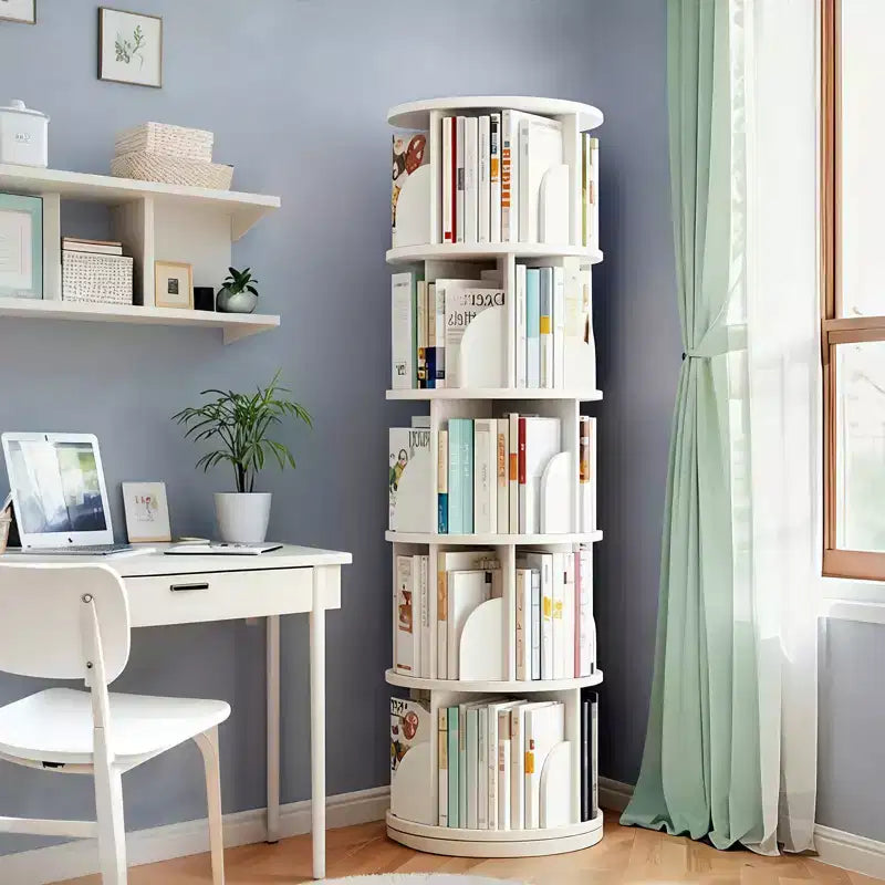 Torre Libreria Girevole a 360° a 5 Ripiani Bianco Caldo – Utente Singolo