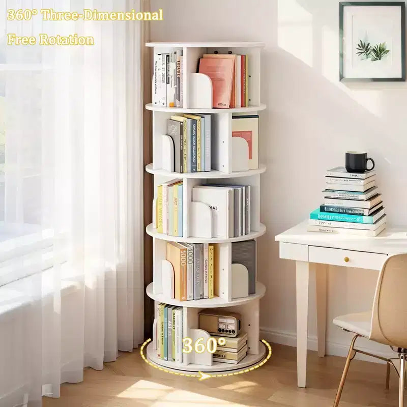 Torre Libreria Girevole a 360° a 5 Ripiani Bianco Caldo – Utente Singolo