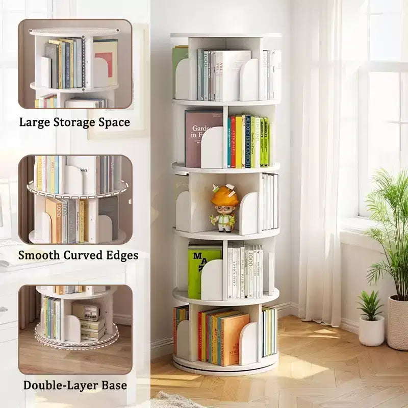 Torre Libreria Girevole a 360° a 5 Ripiani Bianco Caldo – Utente Singolo