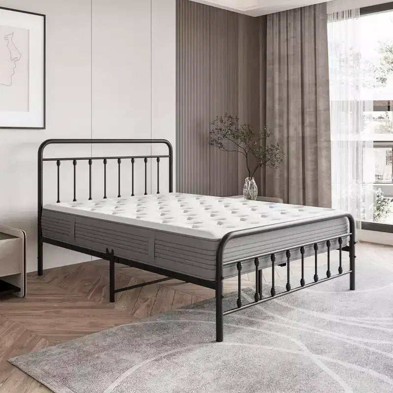 Telaio Letto Piattaforma Matrimoniale in Metallo Nero – Per 2 Persone, Testiera e Pediera con Aste Verticali