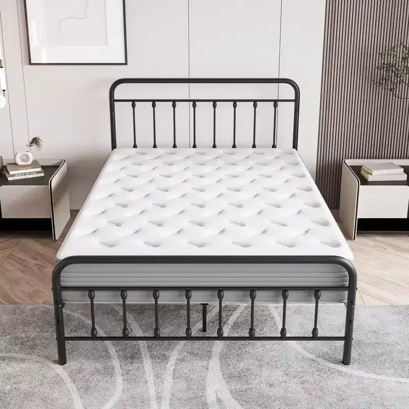 Telaio Letto Piattaforma Matrimoniale in Metallo Nero – Per 2 Persone, Testiera e Pediera con Aste Verticali