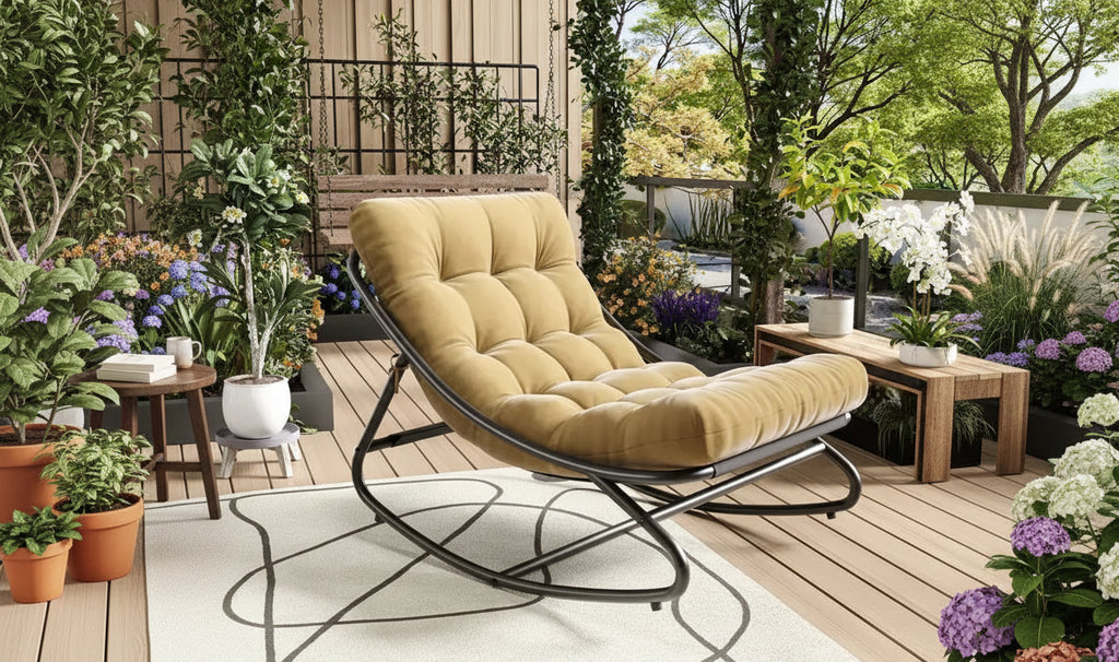 Poltrona a dondolo Papasan oversize color cuoio, senza braccioli, 1 posto