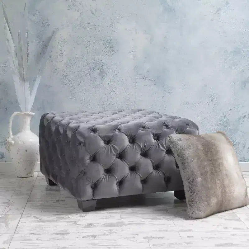 Panca poggiapiedi quadrata in velluto grigio/blu navy – 1 persona