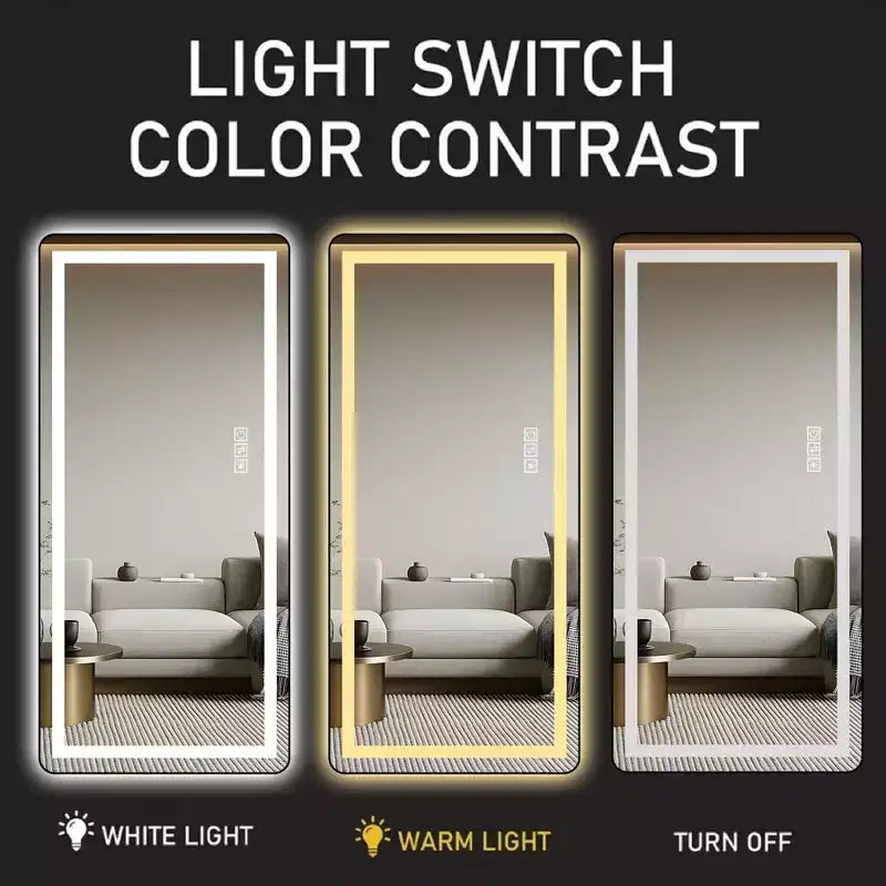 Specchio Moderno a Figura Intera con LED Nero, Montaggio a Parete e Autoportante, 2/3 Luci