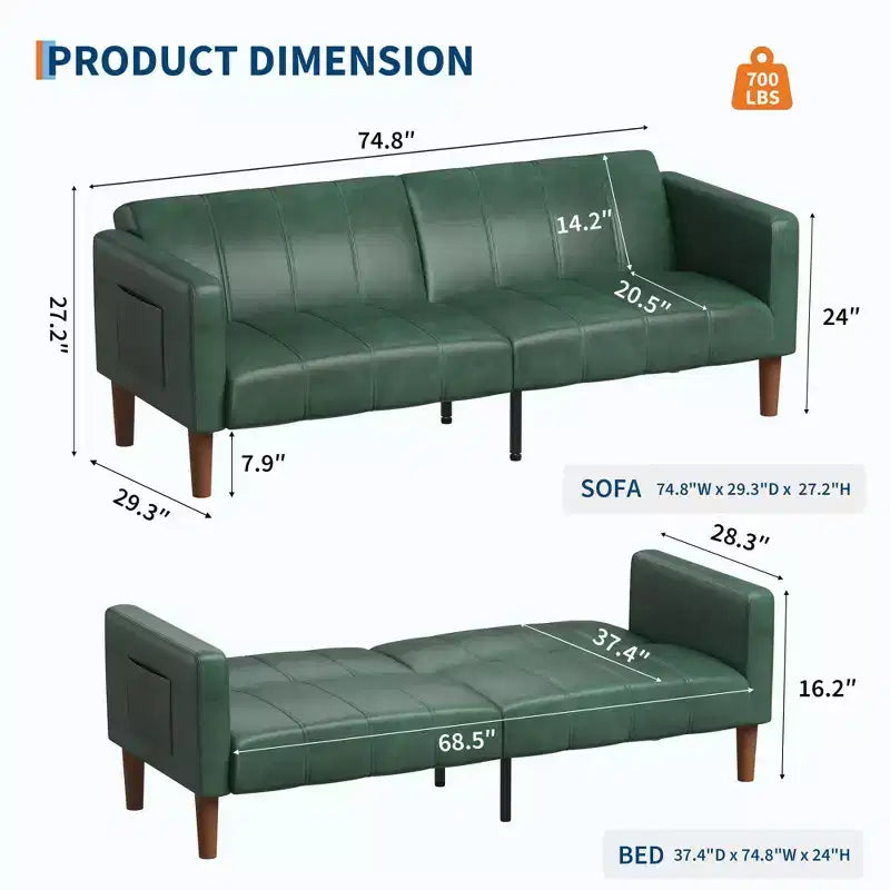 Divano Letto Futon in Similpelle Nero / Marrone / Verde – Convertibile, 4 Posti
