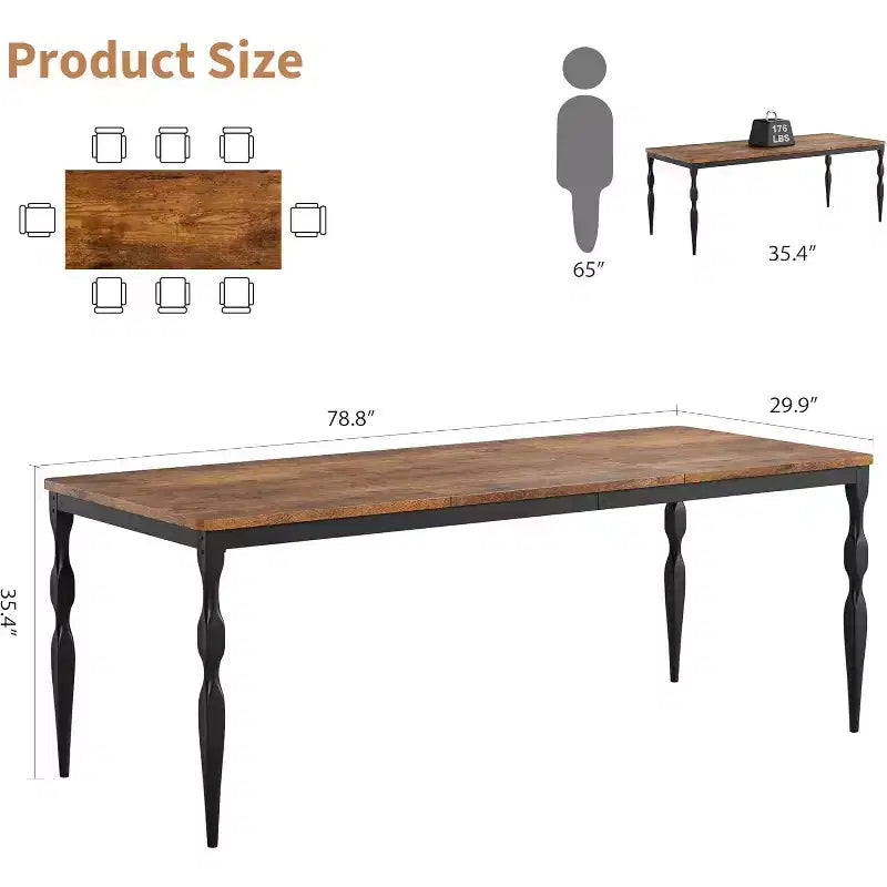 Tavolo da pranzo rettangolare marrone e nero, 6-8 posti, 200 cm, stile rustico, 4 gambe
