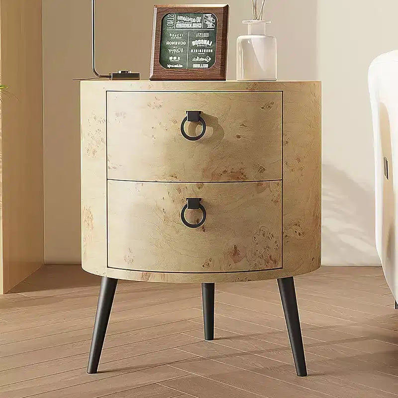 Round Side Table with Drawers Modern Night Stand with Storage Wooden Accent End Table Circle Bedside Table with Metal Legs for Living Room, Bedroom