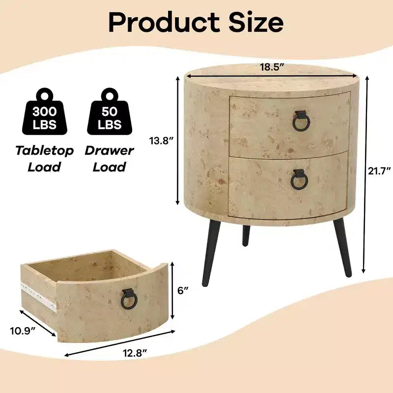 Tavolino rotondo, venatura del legno beige e gambe in metallo nero, 2 cassetti, uso singolo