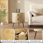 Tavolino rotondo, venatura del legno beige e gambe in metallo nero, 2 cassetti, uso singolo