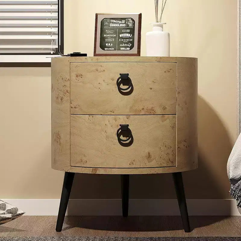 Tavolino rotondo, venatura del legno beige e gambe in metallo nero, 2 cassetti, uso singolo