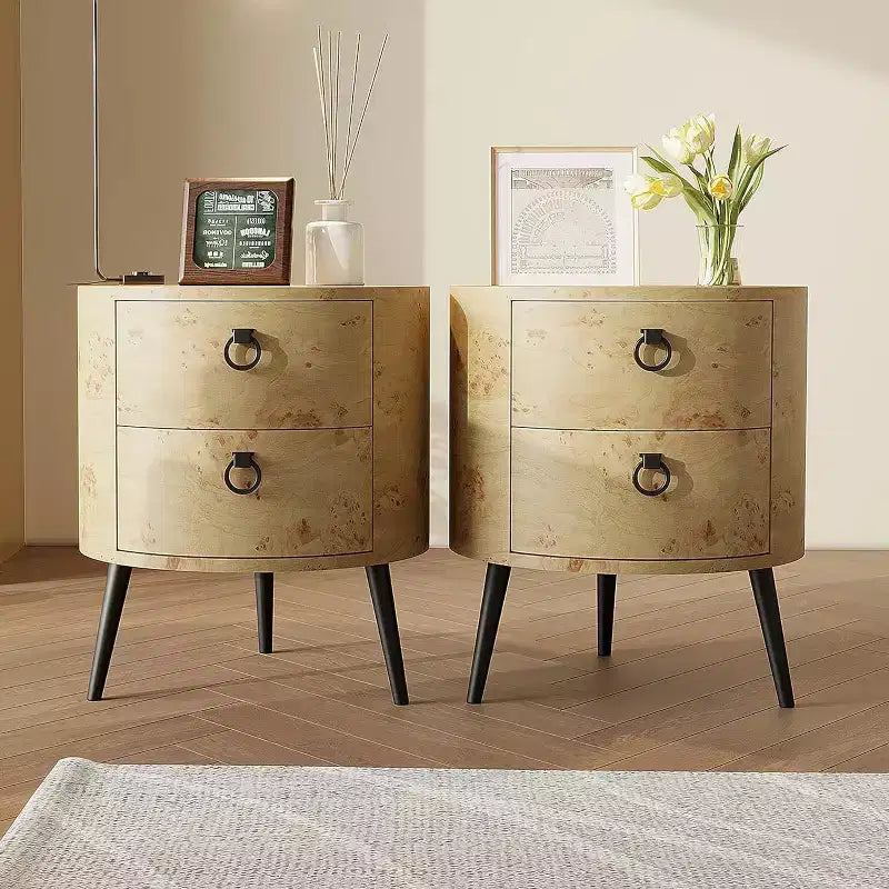 Tavolino rotondo, venatura del legno beige e gambe in metallo nero, 2 cassetti, uso singolo