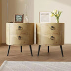 Tavolino rotondo, venatura del legno beige e gambe in metallo nero, 2 cassetti, uso singolo