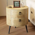 Tavolino rotondo, venatura del legno beige e gambe in metallo nero, 2 cassetti, uso singolo