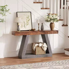 Tavolino Consolle a 2 Ripiani, Stile Trapezoidale, Marrone/Grigio e Marrone/Naturale, Assemblaggio 1 Persona
