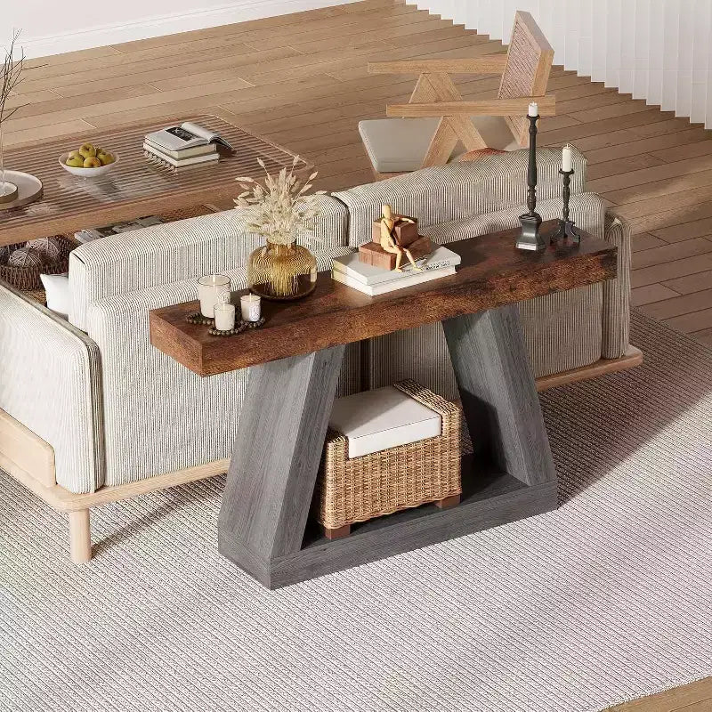 Tavolino Consolle a 2 Ripiani, Stile Trapezoidale, Marrone/Grigio e Marrone/Naturale, Assemblaggio 1 Persona