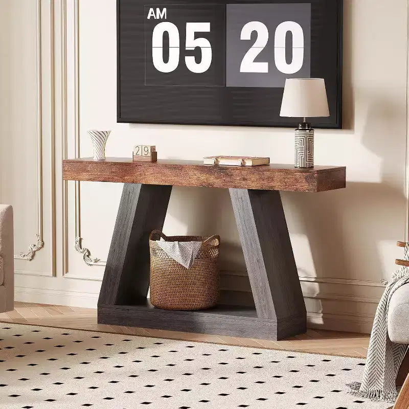Tavolino Consolle a 2 Ripiani, Stile Trapezoidale, Marrone/Grigio e Marrone/Naturale, Assemblaggio 1 Persona