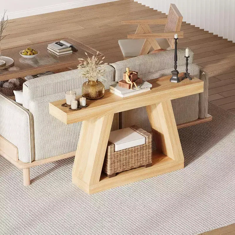 Tavolino Consolle a 2 Ripiani, Stile Trapezoidale, Marrone/Grigio e Marrone/Naturale, Assemblaggio 1 Persona