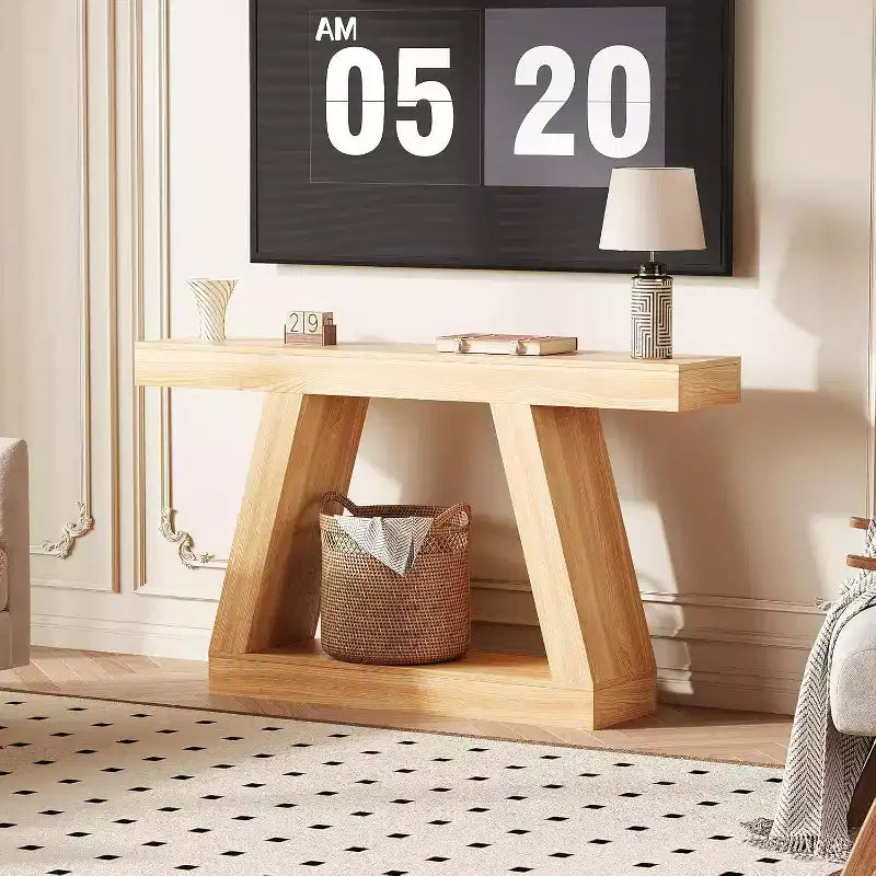 Tavolino Consolle a 2 Ripiani, Stile Trapezoidale, Marrone/Grigio e Marrone/Naturale, Assemblaggio 1 Persona