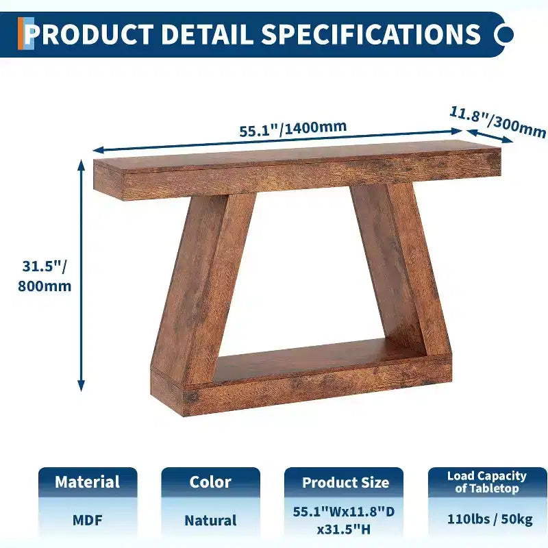 Tavolino Consolle a 2 Ripiani, Stile Trapezoidale, Marrone/Grigio e Marrone/Naturale, Assemblaggio 1 Persona