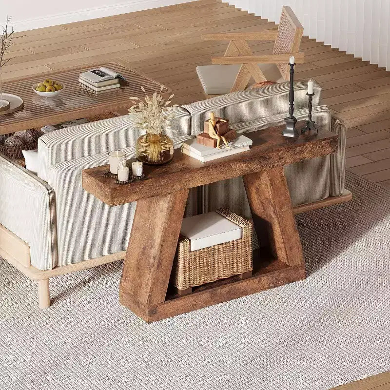 Tavolino Consolle a 2 Ripiani, Stile Trapezoidale, Marrone/Grigio e Marrone/Naturale, Assemblaggio 1 Persona