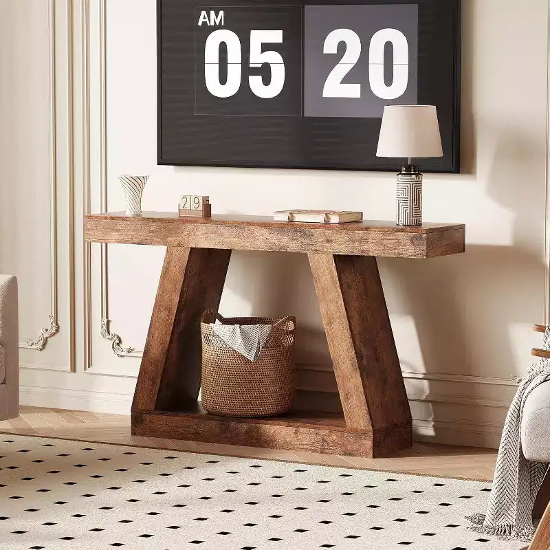 Tavolino Consolle a 2 Ripiani, Stile Trapezoidale, Marrone/Grigio e Marrone/Naturale, Assemblaggio 1 Persona