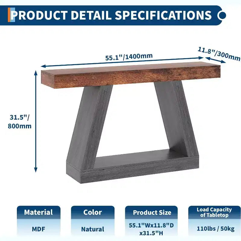 Tavolino Consolle a 2 Ripiani, Stile Trapezoidale, Marrone/Grigio e Marrone/Naturale, Assemblaggio 1 Persona
