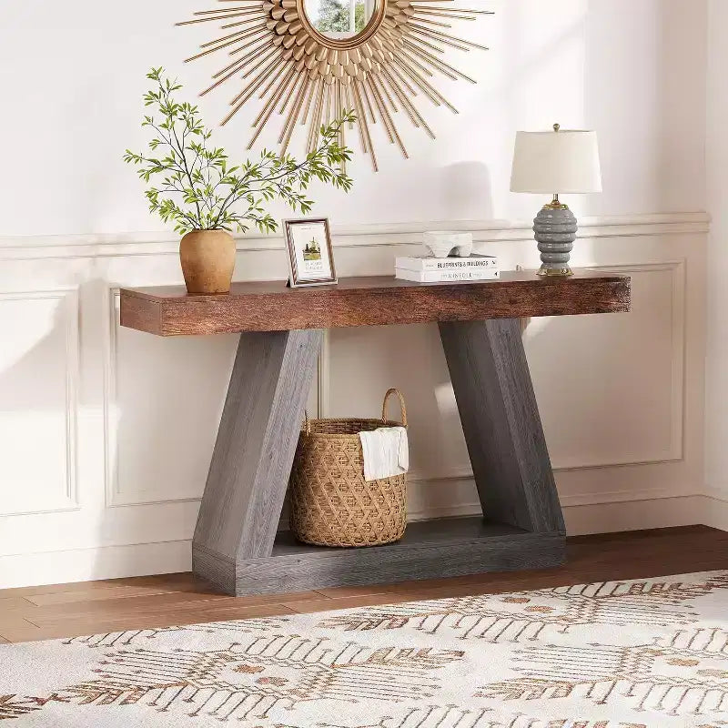 Tavolino Consolle a 2 Ripiani, Stile Trapezoidale, Marrone/Grigio e Marrone/Naturale, Assemblaggio 1 Persona