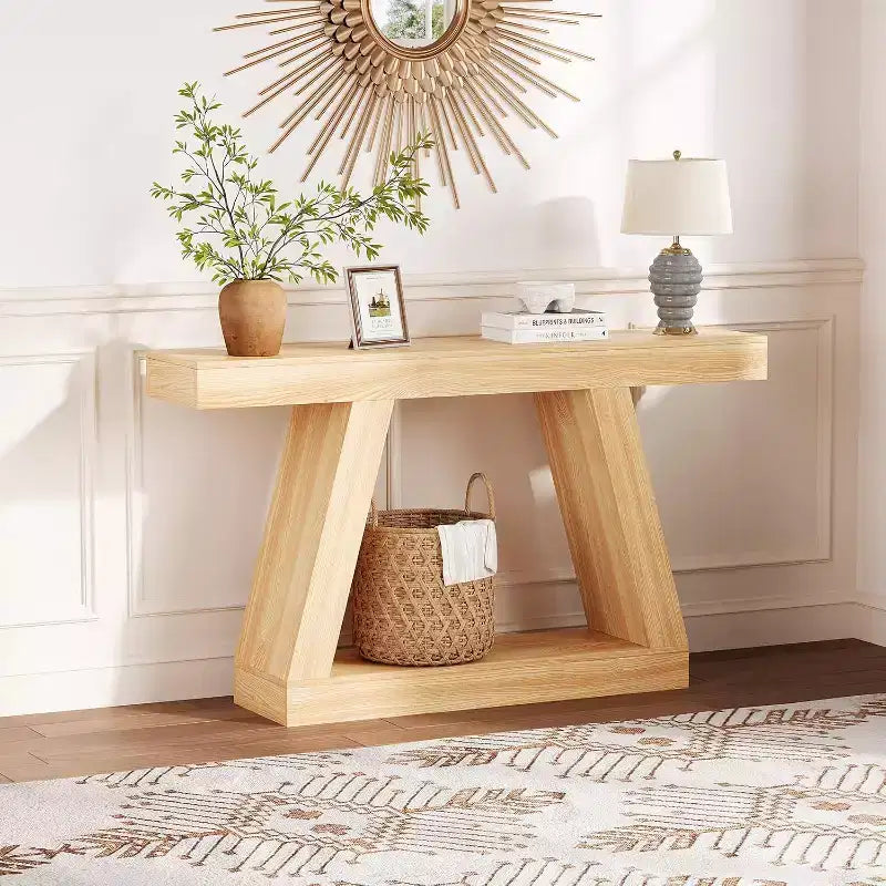 Tavolino Consolle a 2 Ripiani, Stile Trapezoidale, Marrone/Grigio e Marrone/Naturale, Assemblaggio 1 Persona