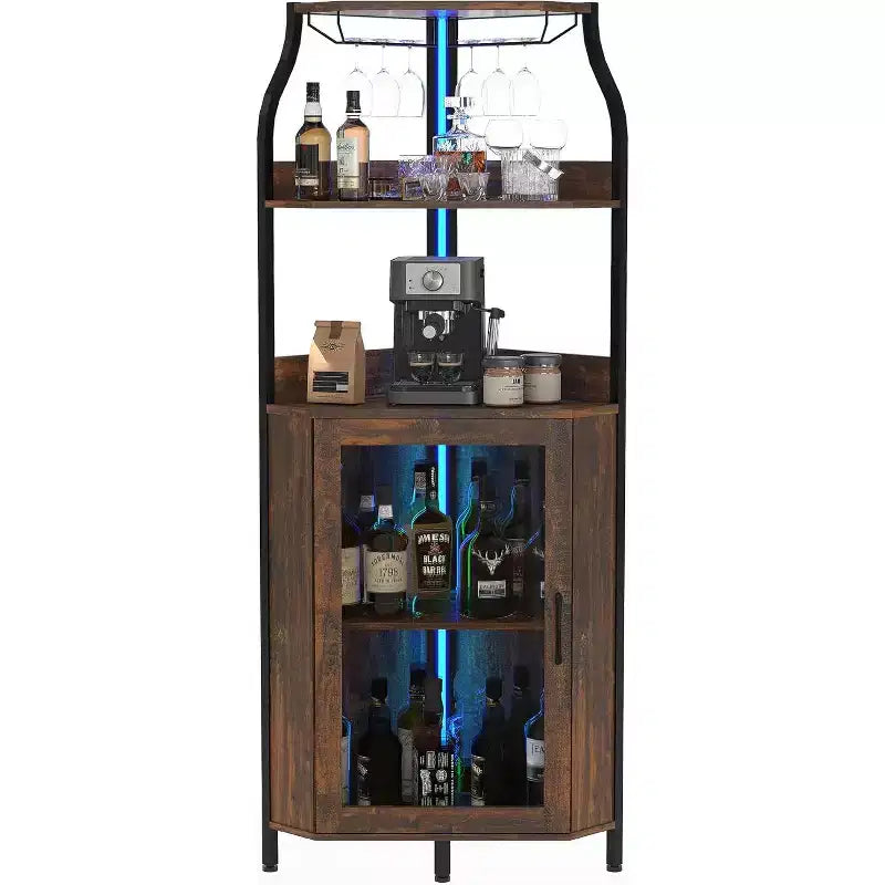 Mobile angolare industriale a 5 ripiani per vino in nero/marrone/grigio con portabicchieri e anta in vetro temperato