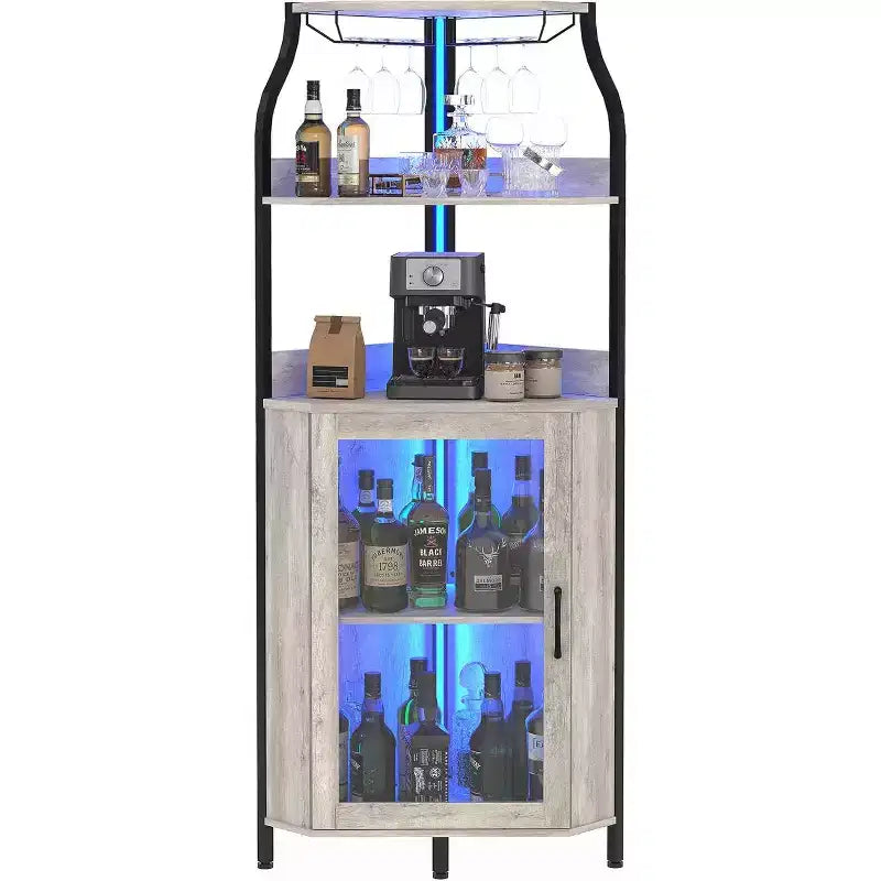 Mobile angolare industriale a 5 ripiani per vino in nero/marrone/grigio con portabicchieri e anta in vetro temperato