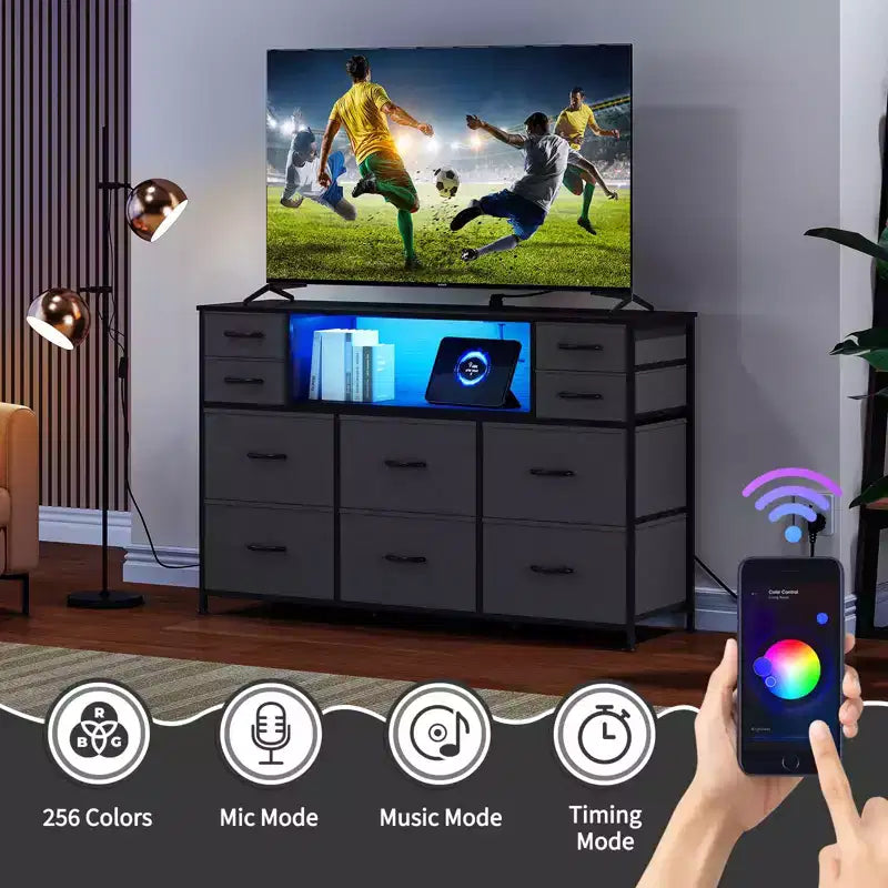 Nero / Marrone / Grigio / Bianco 10 cassetti porta TV con LED, singolo