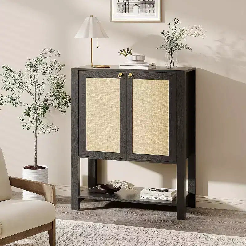 Scarpiera a 5 ripiani in rattan Rovere Scuro/Rovere Grigio con 2 ante – Per nuclei familiari da 1-2 persone