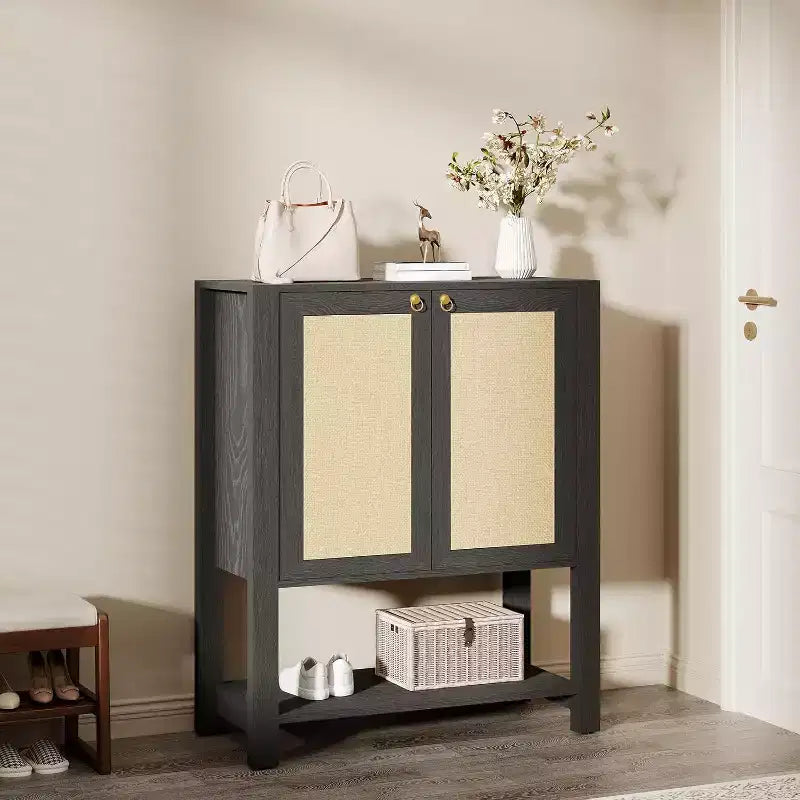 Scarpiera a 5 ripiani in rattan Rovere Scuro/Rovere Grigio con 2 ante – Per nuclei familiari da 1-2 persone