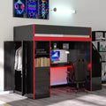 Twin/Full Size Gaming Loft Bed with Desk & Storage Stairs, Solid Wood Loft Bed with LED Lights, Wardrobe and Shelves, Space-Saving Gaming Bed
