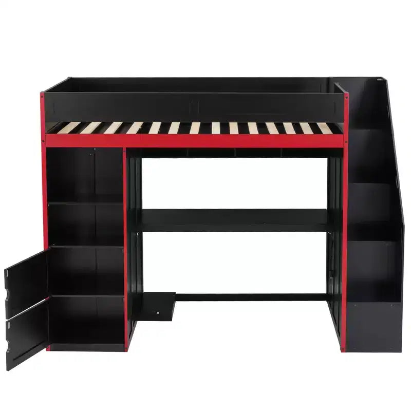Letto a soppalco da gaming nero e rosso con scrivania, luci LED e spazio contenitivo – singolo/una piazza e mezza, 1 persona