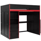Letto a soppalco da gaming nero e rosso con scrivania, luci LED e spazio contenitivo – singolo/una piazza e mezza, 1 persona