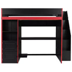 Letto a soppalco da gaming nero e rosso con scrivania, luci LED e spazio contenitivo – singolo/una piazza e mezza, 1 persona
