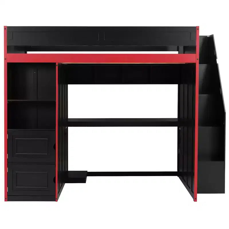Letto a soppalco da gaming nero e rosso con scrivania, luci LED e spazio contenitivo – singolo/una piazza e mezza, 1 persona
